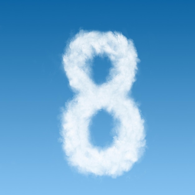 Numero otto fatto di nuvole bianche sul cielo blu
