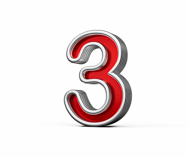 Numero tre rosso vibrante 3 con lucciore metallico e bordi smussati su sfondo bianco Illustrazione 3D