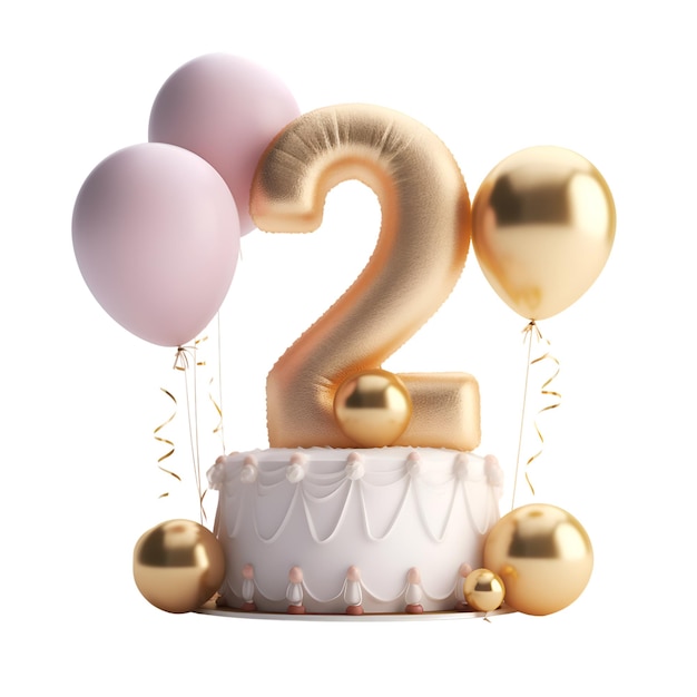 Numero ventitré torta di compleanno con palloncini e nastri isolati su sfondo bianco