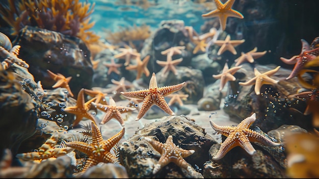 Numerose belle stelle marine traslucide in un ambiente tropicale sottomarino