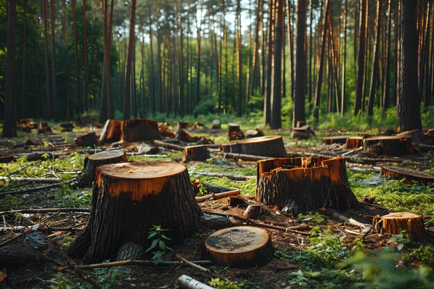 Numerosi tronchi di alberi in una foresta estiva indicano la deforestazione e il degrado delle foreste