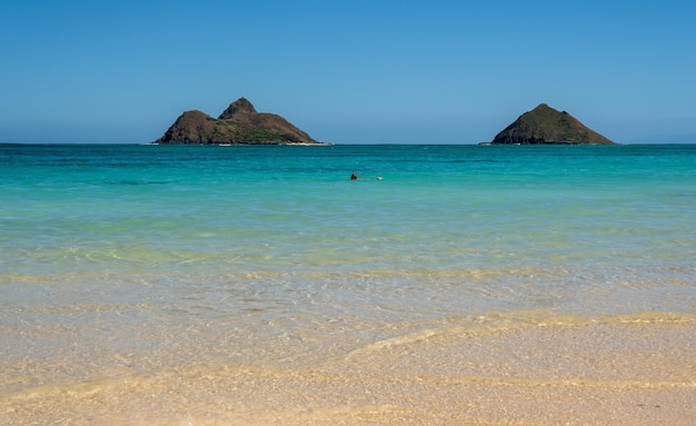 Nuotatore solitario sulla spiaggia di Lanakai con le isole Moku Nui e Moku Iki sullo sfondo