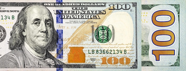 Nuova banconota da 100 dollari, denaro USA, due lati della foto di taglio più grande