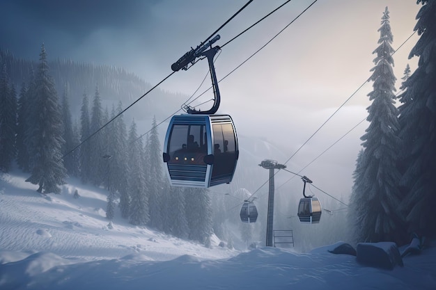 Nuova cabinovia moderna e spaziosa con cabina grande contro alberi forestali innevati e cime montuose ricoperte di paesaggio innevato nella lussuosa località alpina invernale Sport per il tempo libero e viaggi invernali