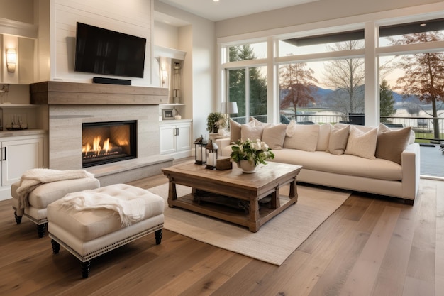 Nuova casa di lusso con pavimenti in legno e camino con un bellissimo soggiorno