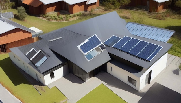 Nuova casa suburbana con un sistema fotovoltaico sul tetto Moderna casa passiva eco-friendly con così
