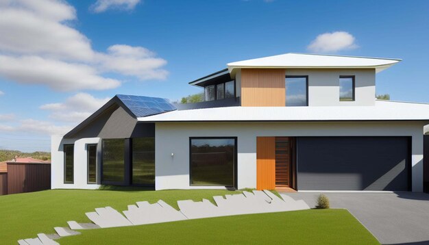 Nuova casa suburbana con un sistema fotovoltaico sul tetto Moderna casa passiva eco-friendly con così