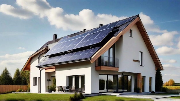 Nuova casa suburbana con un sistema fotovoltaico sul tetto Moderna casa passiva eco-friendly