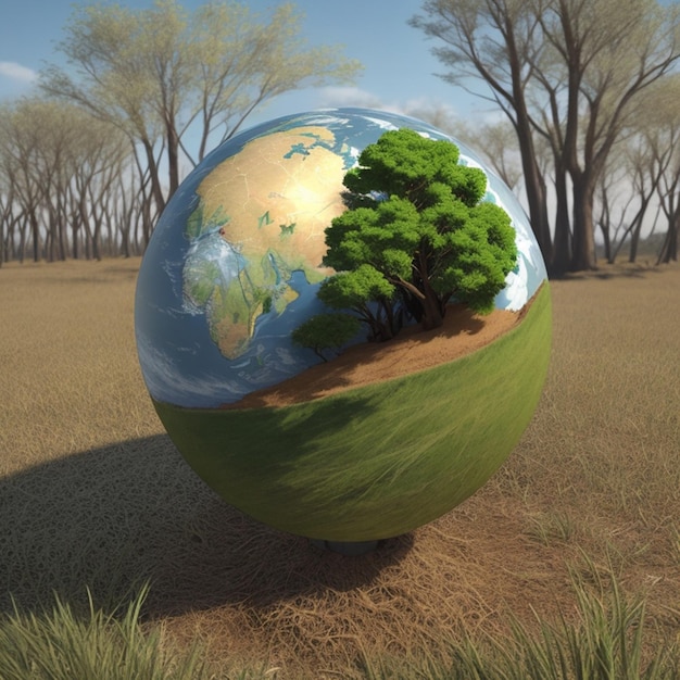 Nuova foto 3D di un globo erboso con alberi su un paesaggio sterile