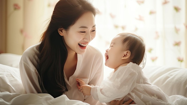Nuova mamma asiatica che gioca con l'adorabile neonato sul letto sorridente e felice a casa