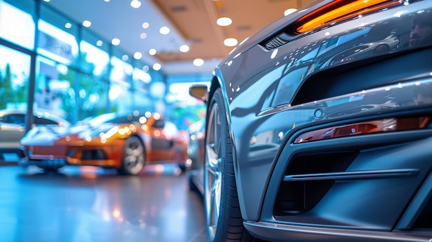 Nuove auto esposte in un showroom di lusso con bokeh luminoso in un evento di motor show