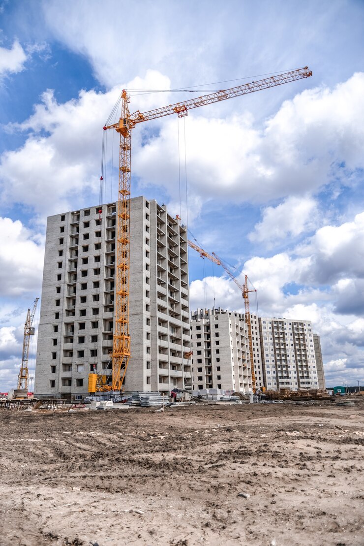 Nuove case di grattacieli e macchinari da costruzione