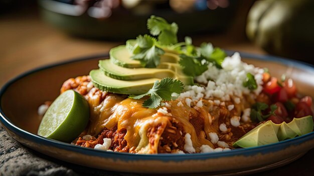 Nuove enchiladas piatte messicane con pezzi di verdure e sfondo sfocato