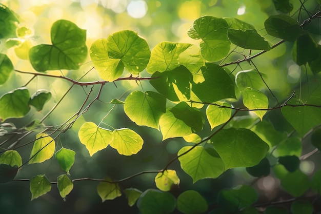 Nuove foglie verdi fresche che emettono luce al sole