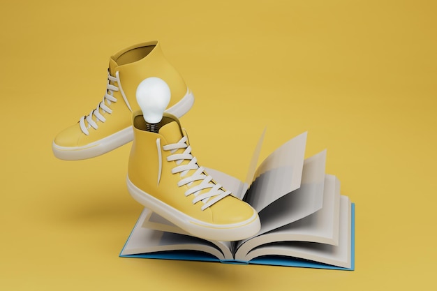 nuove idee all'interno dell'istruzione. scarpe da ginnastica all'interno delle quali si trovano una lampadina elettrica e un libro