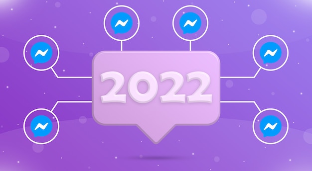 Nuovo anno 2022 sull'icona di notifica con i loghi di messenger intorno a 3d