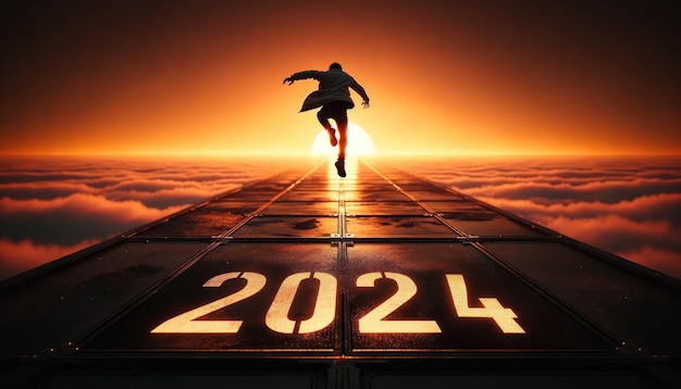 Nuovo anno 2024 Sprint verso il 2024 Una figura solitaria che segna la transizione sull'asfalto