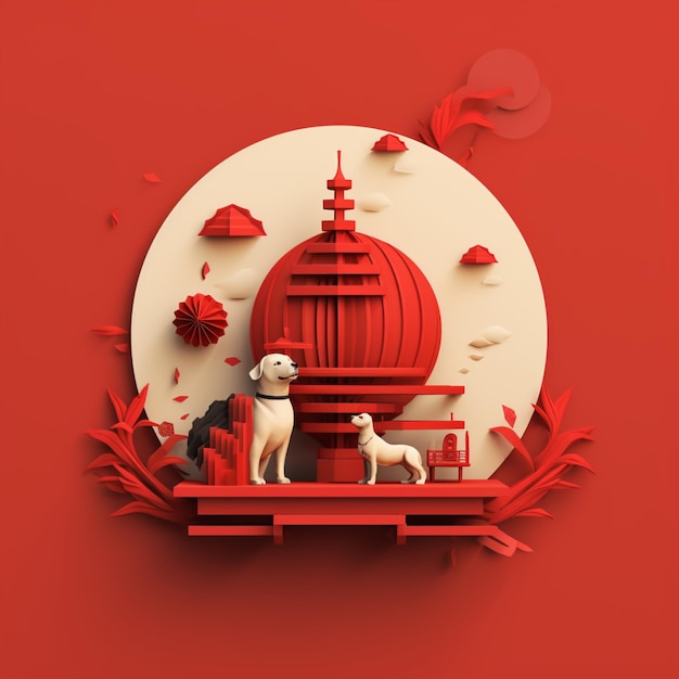 nuovo anno cinese con forme di carta e cani nello stile di paesaggi architettonici surreali sfera