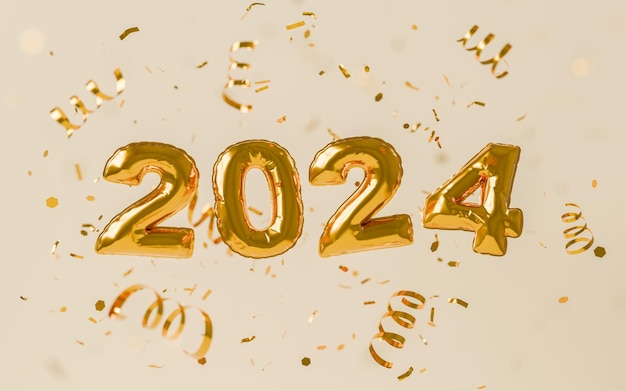 nuovo anno d'oro 2024 palloncini con confetti intorno e uno sfondo beige rendering 3d
