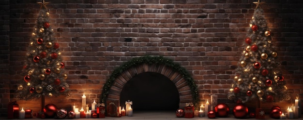 Nuovo anno di Natale parete interna in mattoni decorata con candela dell'albero di Natale permanente Generative ai