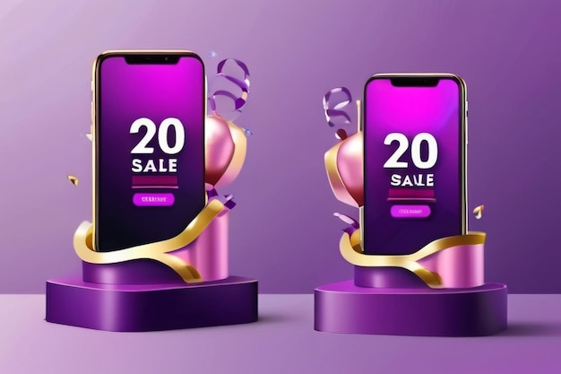 Nuovo anno di vendita di telefono promo modello di banner quadrato con due display podium su sfondo viola