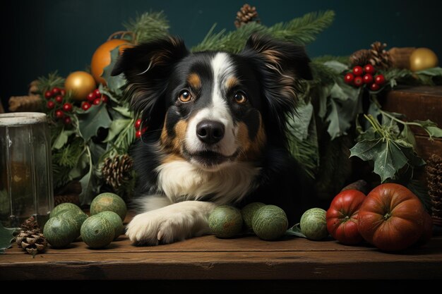 Nuovo anno squadra festa cane con albero di Natale sulla testa Generativa AI