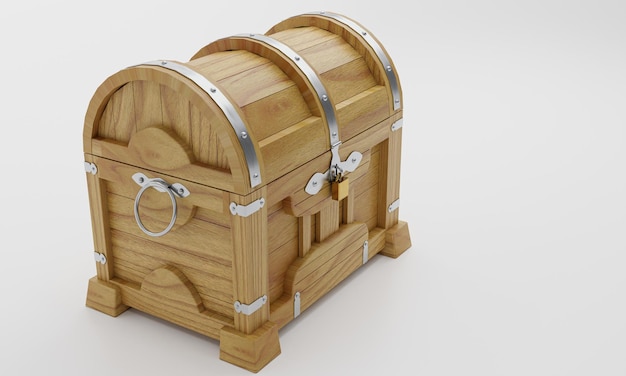 Nuovo baule del tesoro antico in teak rinforzato con piastre di metallo e perni chiusi con un lucchetto dorato pavimento bianco e sfondo 3D Rendering