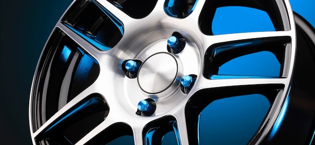 Nuovo cerchio in lega leggero e sportivo con dadi in acciaio blu su sfondo blu sfumato, un bellissimo concetto di auto per un negozio di pneumatici o dischi, sfondo nero fotografico panoramico.