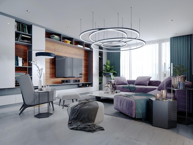 Nuovo design del soggiorno multicolore in stile contemporaneo. Mobili viola, armadi e scaffali bianchi e neri, pareti blu e assi di legno. Rendering 3D.