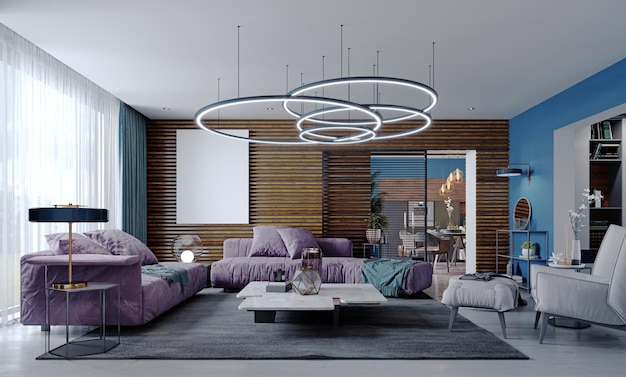 Nuovo design del soggiorno multicolore in stile contemporaneo. Mobili viola, armadi e scaffali bianchi e neri, pareti blu e assi di legno. Rendering 3D.