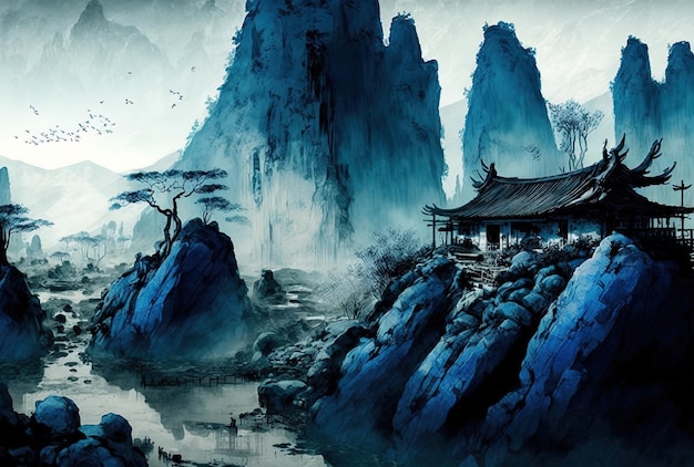 Nuovo dipinto di paesaggio cinese con inchiostro blu