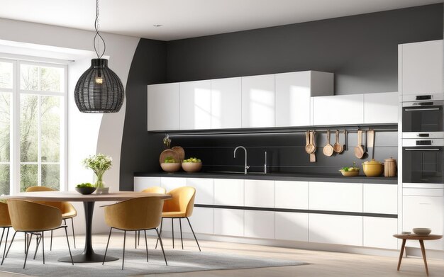 Nuovo moderno interno luminoso della cucina con mobili bianchi e tavolo da pranzo rendering 3d