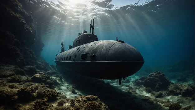 Nuovo sottomarino militare moderno con colori marini che si tuffa sott'acqua