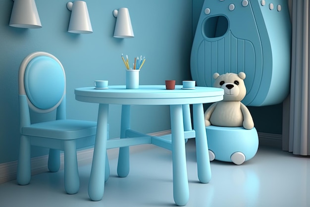 Nursery blu con tavolo e sedie