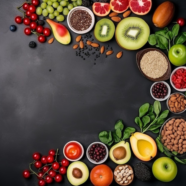 Nutri il tuo corpo Frutta fresca, noci e semi distesi