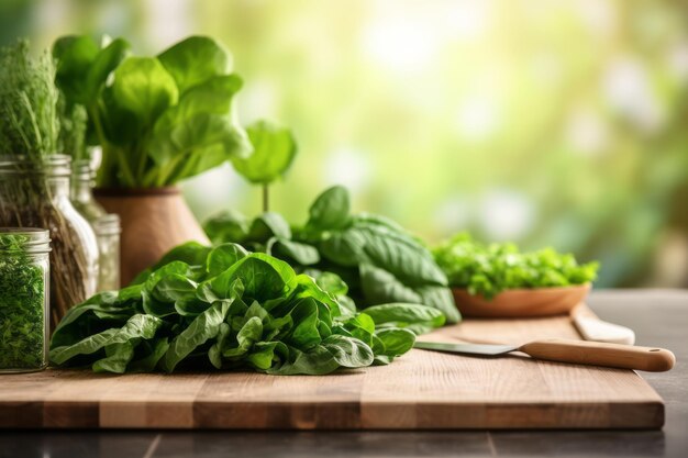 Nutrienti nutrienti Una vivace gamma di verdure fresche a foglia verde e strumenti culinari perfetti