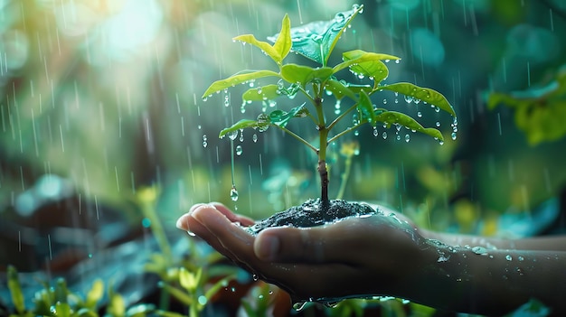 Nutrire le piante giovani sotto la pioggia