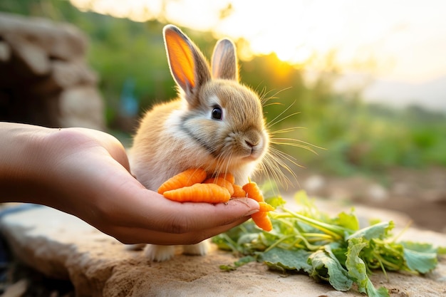 Nutrire un simpatico coniglio con carote fresche
