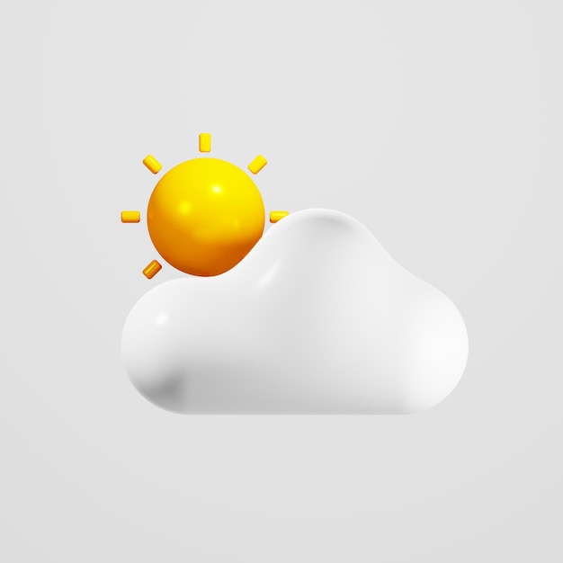 Nuvola 3D con sole su sfondo bianco Iconica delle previsioni meteo Illustrazione di rendering 3D
