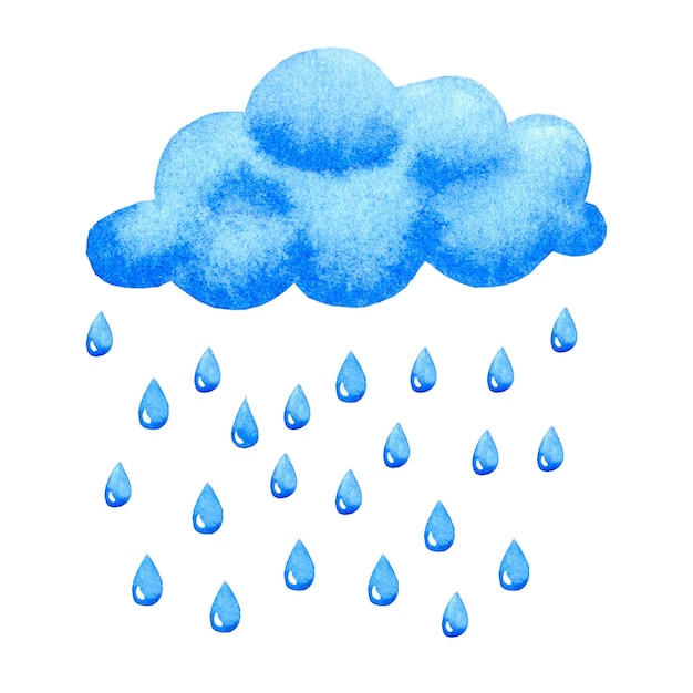 Nuvola blu con gocce di pioggia Illustrazione dell'acquerello disegnata a mano isolata su sfondo bianco