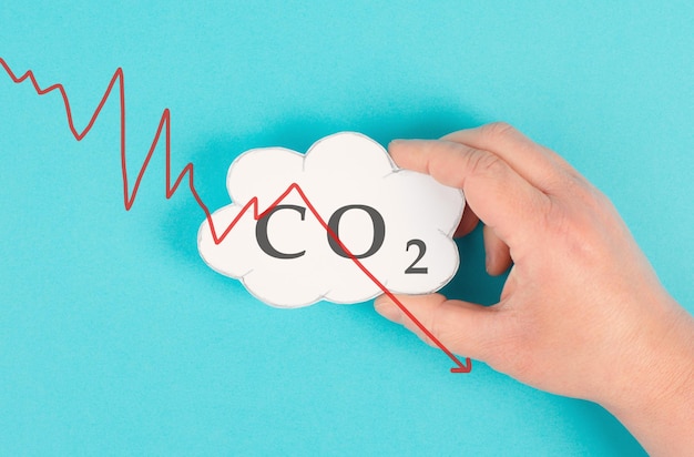 Nuvola di CO2, riduzione delle emissioni di carbonio, cambiamento climatico e concetto di riscaldamento globale, stile di vita ecologico