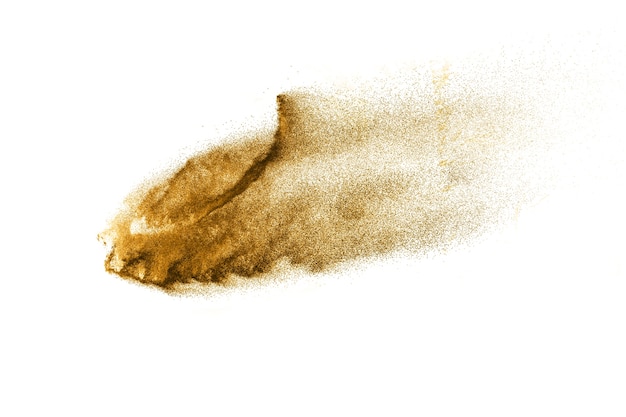 Nuvola gialla di esplosione della polvere di colore isolata su fondo bianco.
