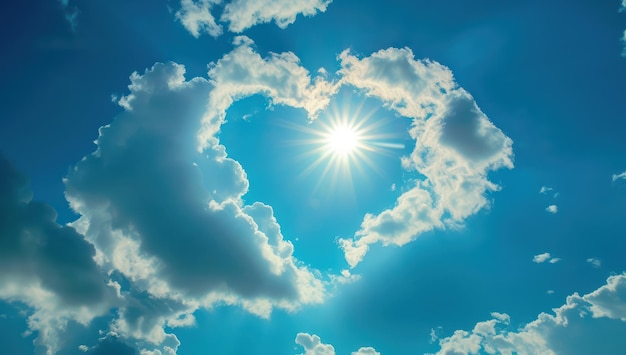 Nuvole a forma di cuore e un sole luminoso in un cielo blu concetto di amore e felicità