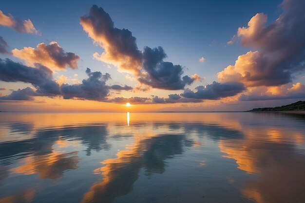 Nuvole al tramonto costiere riflesse nel mare calmo cucite da 2 fotogrammi