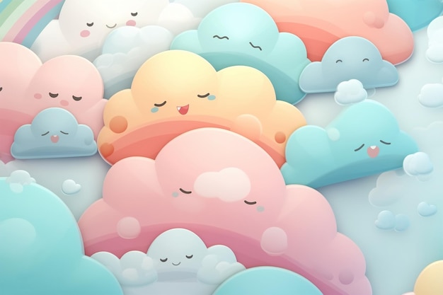 Nuvole assonnate sorridenti carine pastello in stile kawaii giapponese sfondo cartone animato doodle infantile AI generativa