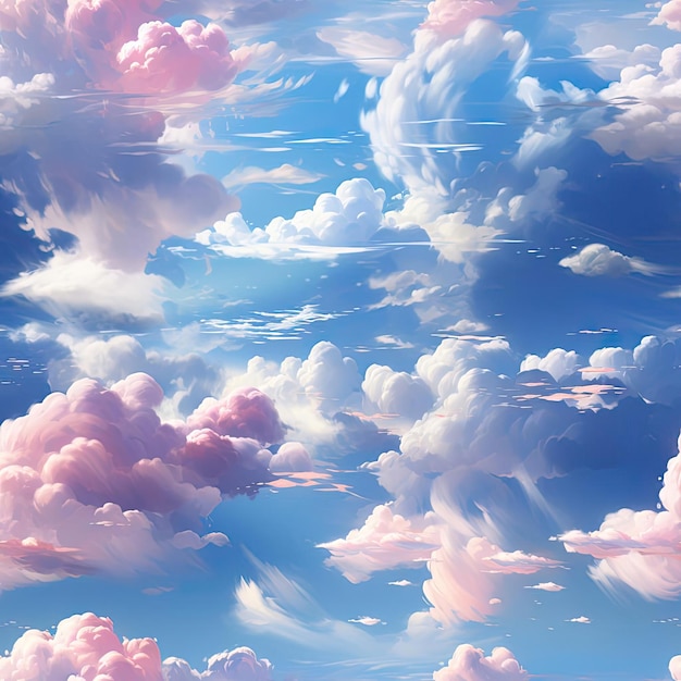 Nuvole blu e rosa nel cielo raffigurate in uno stile anime realistico e stravagante