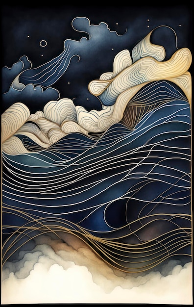 nuvole blu sopra l'orizzonte pittura ad acquerello nello stile di linee ondulate e forme organiche