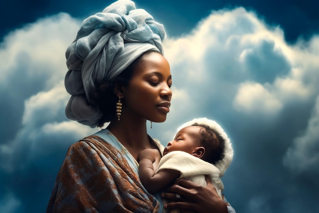 nuvole che formano l'immagine di una madre africana con il suo bambino tra le braccia in un cielo