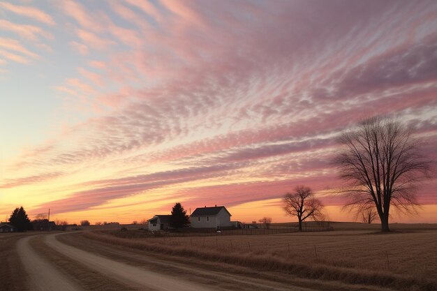 Nuvole cirrus frizzanti che brillano di viola al tramonto