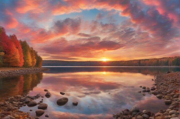 Nuvole colorate dell'alba d'autunno sul cielo del lago